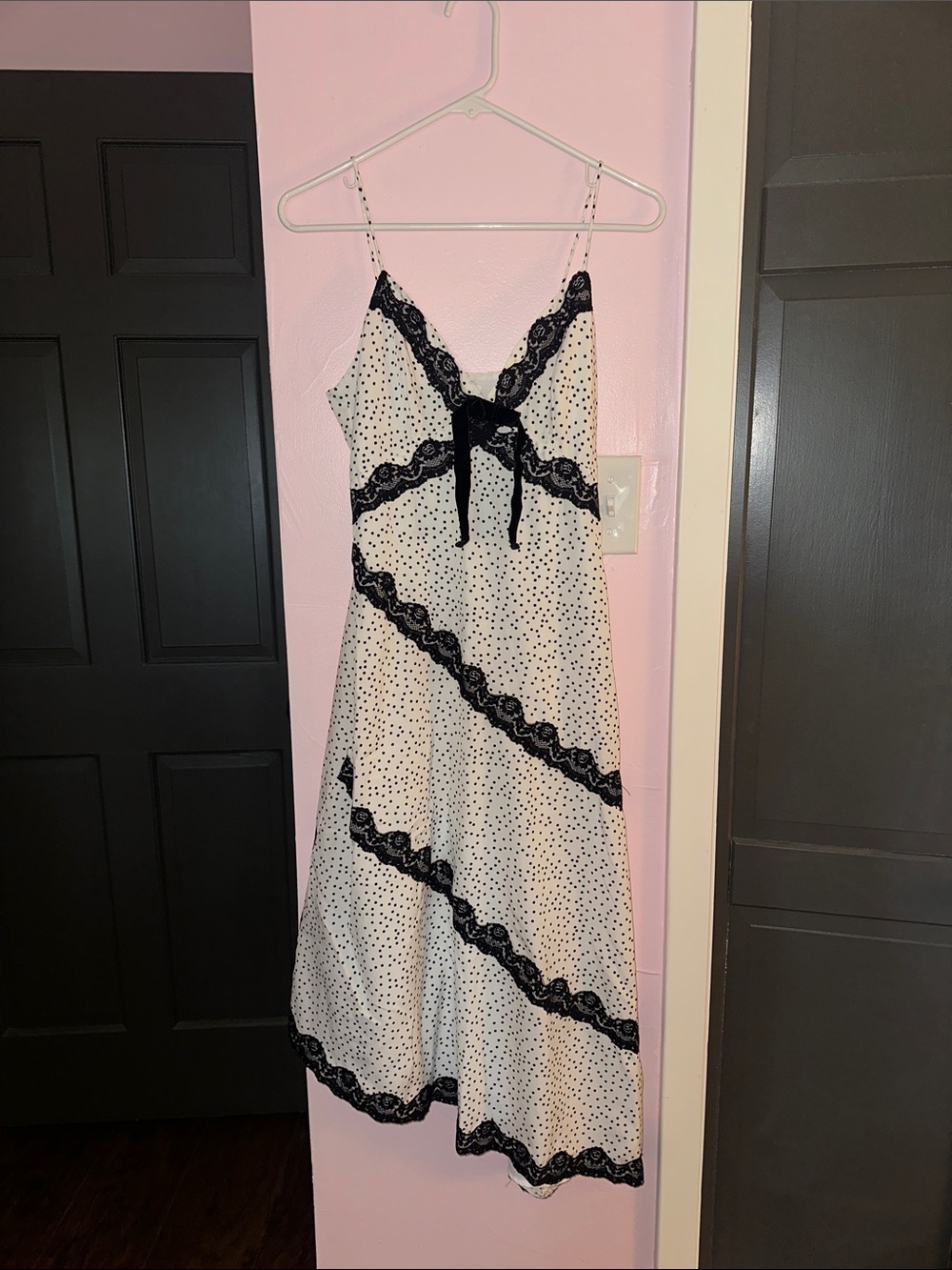 Storia Cream Polka Dot Midi Slip Dress with Black Lace Trim